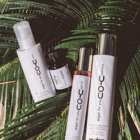 Four she professional hair products laying on plants